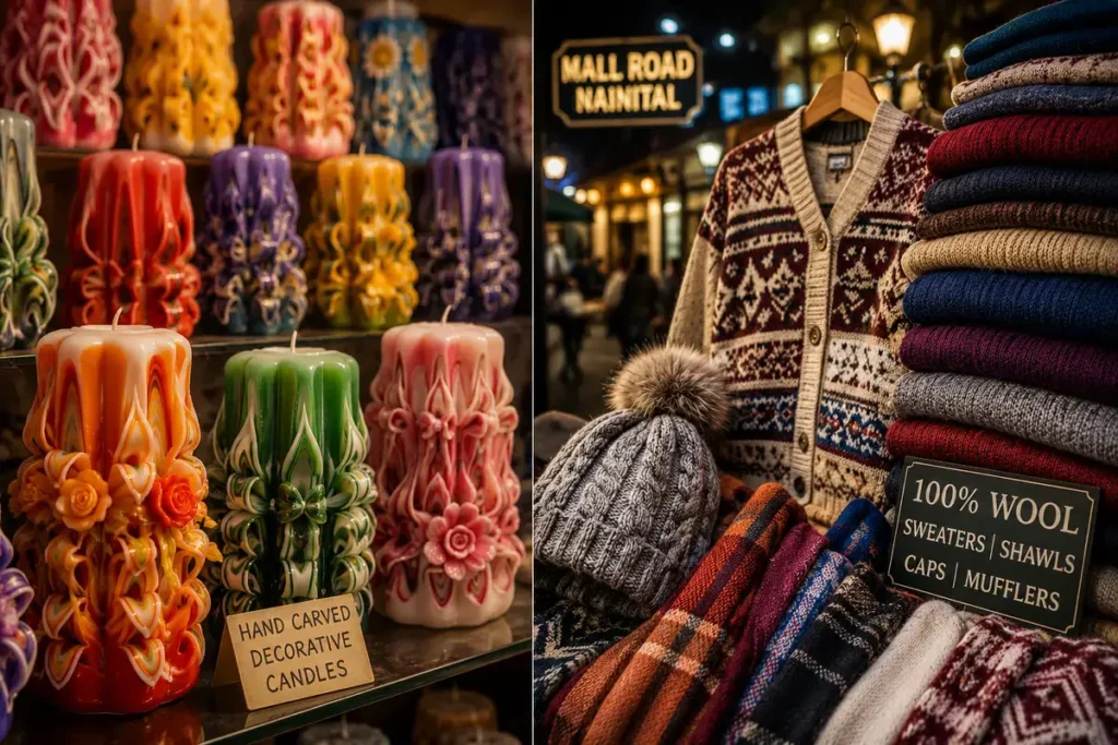 Decorative candles and woolens shopping on Mall Road Nainital.